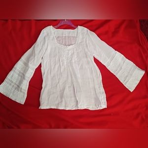 120% Lino Women's 100% Percent Linen Embroidered White Shirt Top Blouse Sz Small